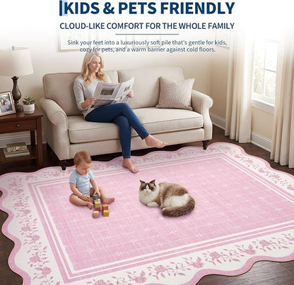 Garvee Scollaped Rugs for Living Room 5x7 Area Rugs for Bedroom Soft Pink | Non-Slip Low Pile Neutral Kids Rug Non-Shedding Bordered Nursery Carpet Foldable Thin Mat for Dining Room Kitchen Playroom