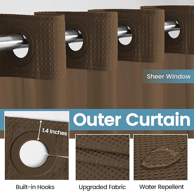 EUTXL Heavyweight No Hook Shower Curtain with Liner, Brown, 54x80 | Snap in Liner, Thick Waffle Fabric, Hotel Quality, Corner Magnets, Waterproof & Washable