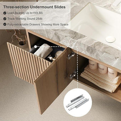 48" Floating Bathroom Vanity with Sink, Modern Plywood Bathroom Vanities with Drawer and Doors, Gray Sintered Stone Countertop and 3 Pre-drilled Faucet Holes Ceramic Basin, Pre-Assembled, Light Oak