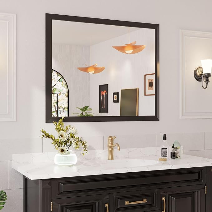 Bathroom Mirror Black, 48x40 Inch | Thick Metal Framed, HD Reflection, Anti-Rust, Hang Horizontally/Vertically, Suitable for Vanity, Bedroom, Bathroom, Entryway