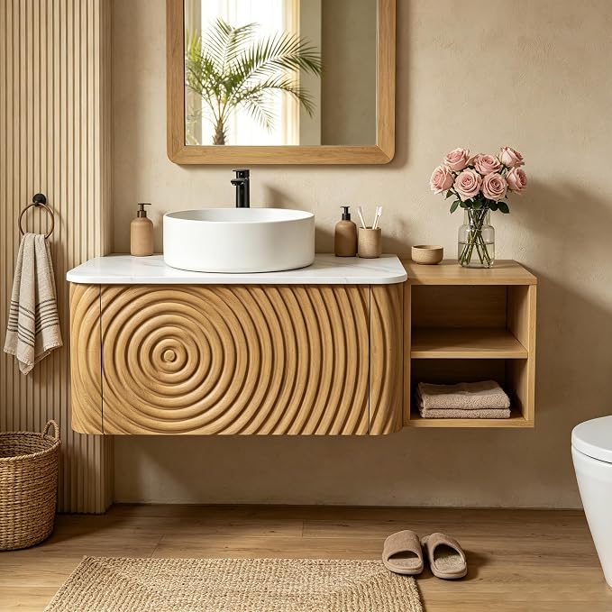 42" Floating Bathroom Vanity with Sink, Mid-Century Wall Mounted Bathroom Vanity Cabinet with Wood Waved Decor,Ceramic Vessel Basin and Sintered Stone Top, Soft Close Drawer, Side Open Cube