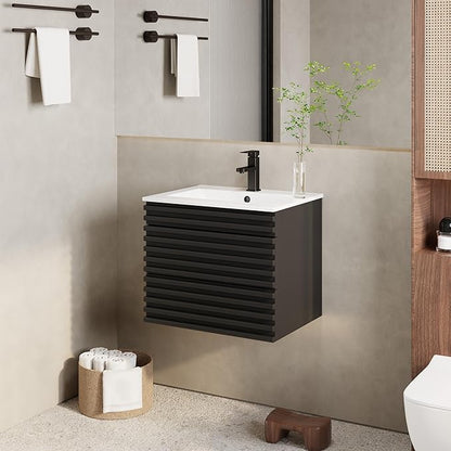 eclife 24" Floating Bathroom Vanity with Sink Combo Mid-Century Wall Mounted Cabinet with Wood Stripes Decor, Drawers, Undermount Single Sink, Faucet, Drain, Black