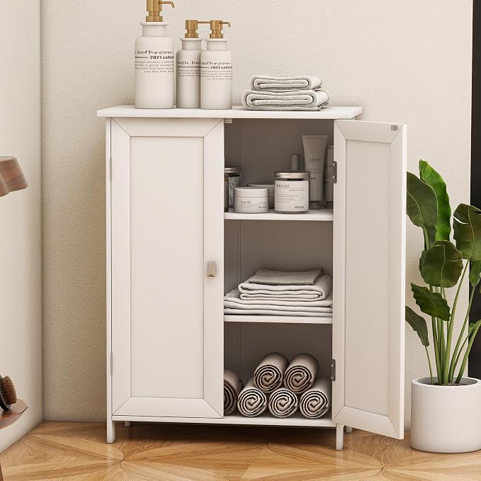 Bathroom Cabinet with Adjustable Shelf Freestanding Storage Cabinet with 2 Doors Wooden Organizer Floor for Bathroom Kitchen and Living Room (White, 2 Doors)