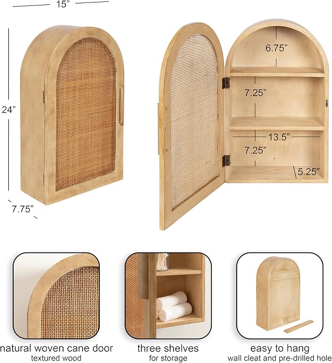 Kate and Laurel Ori Transitional Cane One-Door Arched Wall Cabinet, 15 x 8 x 24, Natural, Decorative Rattan Wall Storage Cabinet with Three Shelves for Entryway or Living Room Decor