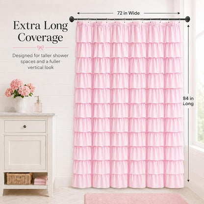 Pink Ruffle Shower Curtain for Master Bathroom, 72 x 84, Ruffled Layered | Romantic Feminine Aesthetic, Extra-long 72x84, 12 Hooks Included, Machine Washable, Cascading Ruffle Tiers, Soft Microfiber