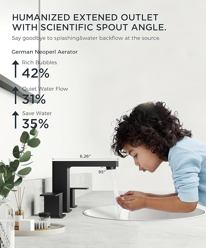 QFN Lead-Free Matte Black Bathroom Faucet 3 Hole, Square Bathroom Sink Faucet 8 Inch Widespread, 2 Handle for 6"-12" Vanity Sink with Metal Pop Up Drain and 24" cUPC Supply Hoses