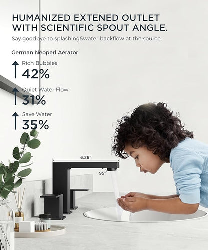 QFN Lead-Free Matte Black Bathroom Faucet 3 Hole, Square Bathroom Sink Faucet 8 Inch Widespread, 2 Handle for 6"-12" Vanity Sink with Metal Pop Up Drain and 24" cUPC Supply Hoses