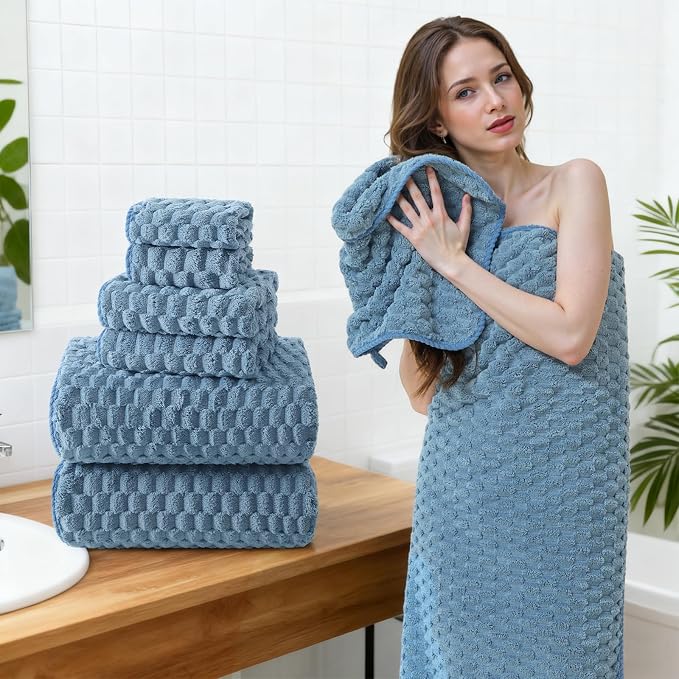 REDKISS Blue Microfiber Towels Set 6 Pack - 35x70 Inches Oversized Bath Sheets, Extra Large Bath Towels, Super Soft Quick Dry Lint Free Absorbent Waffle Microfiber Shower Towels