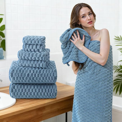 REDKISS Blue Microfiber Towels Set 6 Pack - 35x70 Inches Oversized Bath Sheets, Extra Large Bath Towels, Super Soft Quick Dry Lint Free Absorbent Waffle Microfiber Shower Towels