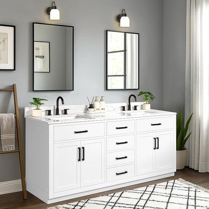 72-inch White Bathroom Vanity with 2 Sinks, Solid Wood, 0.79-inch Stone Countertop and Backsplash, 6 Drawers, 2 Soft Closing Doors