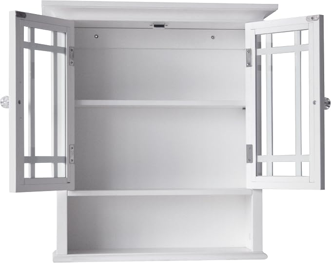 Teamson Home Neal Wooden Over The Toilet Bathroom Removable Wall Medicine Cabinet with 1 Fixed and 1 Adjustable Shelf 3 Storage Spaces 2 Glass Mosaic Doors and Crystal-Cut Acrylic Knobs, White | Detachable Over the Toilet Storage, Two Doors, Adjustable...