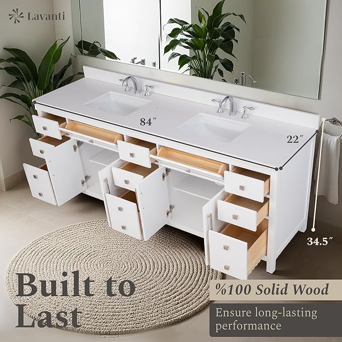 Lavanti Oakford 84 Inch Bathroom Vanity with Sink – Stylish White Vanity Bathroom with Storage Cabinet – Modern Bathroom Vanities with Double Vanity Sink & Quartz Countertop