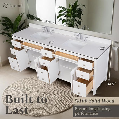 Lavanti Oakford 84 Inch Bathroom Vanity with Sink – Stylish White Vanity Bathroom with Storage Cabinet – Modern Bathroom Vanities with Double Vanity Sink & Quartz Countertop