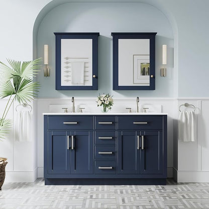 60-Inch Bathroom Vanity with Double Sinks W/ 4 Doors & 4 Drawers & 2 Flip Drawers, Navy Blue Vanity W/Brushed Nickel Handles