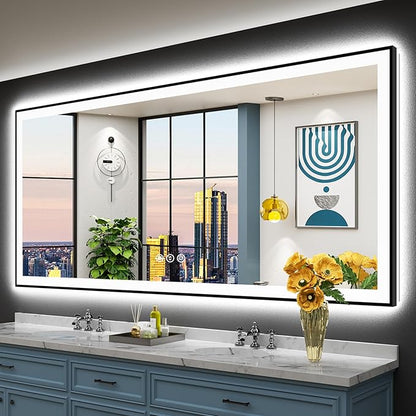 88x38 Black Framed LED Bathroom Mirror with Lights, Backlit and Front Lit Anti-Fog Lighted Vanity Mirrors for Bathroom Wall, Dimmable, 3 Colors, Memory, HD Tempered Glass, Horizontal/Vertical