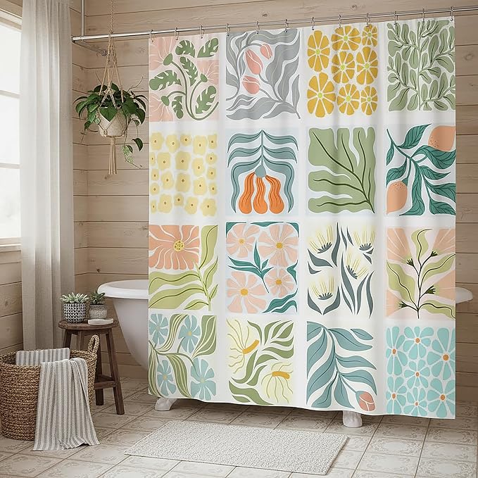JAWO Cute Boho Floral Shower Curtain, Vintage Colorful Abstract Floral Retro Aesthetic Shower Curtain for Bathroom, Funky Unique Waterproof Fabric Polyester Bath Curtains Decor with Hooks,70Wx78H
