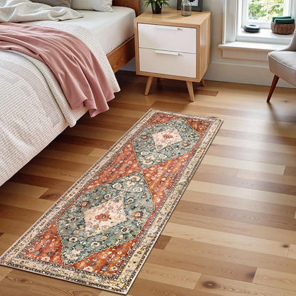 Lahome Boho Tribal 2x5 Kitchen Runner Rugs Non Skid Washable, Soft Runners for Hallways, Oriental Long Bathroom Floor Throw Carpet Runner for Entryway Laundry Room Bedroom (Rust/Dull Teal,2x5ft)