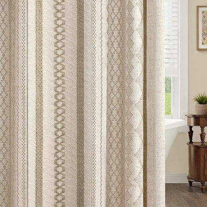 Beige Boho Linen Shower Curtain,72" W x 72" L | Linen Striped Print and Twine-Inspired Woven Center for Bathroom