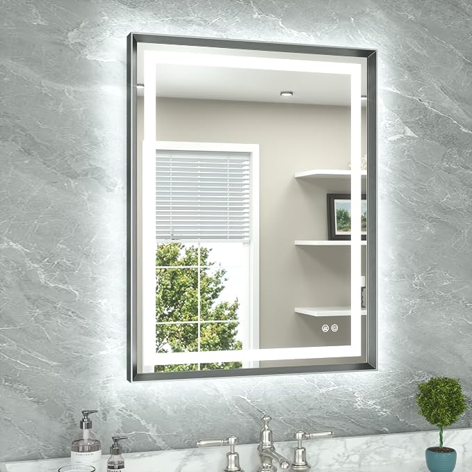 28 x 36 Bathroom LED Mirror Brushed Gunmetal Gray/Off‑Black Frame Frontlit & Backlit Vanity Mirror Anti-Fog Stepless Dimmable 3 Colors White/Warm/Natural Wall-Mounted