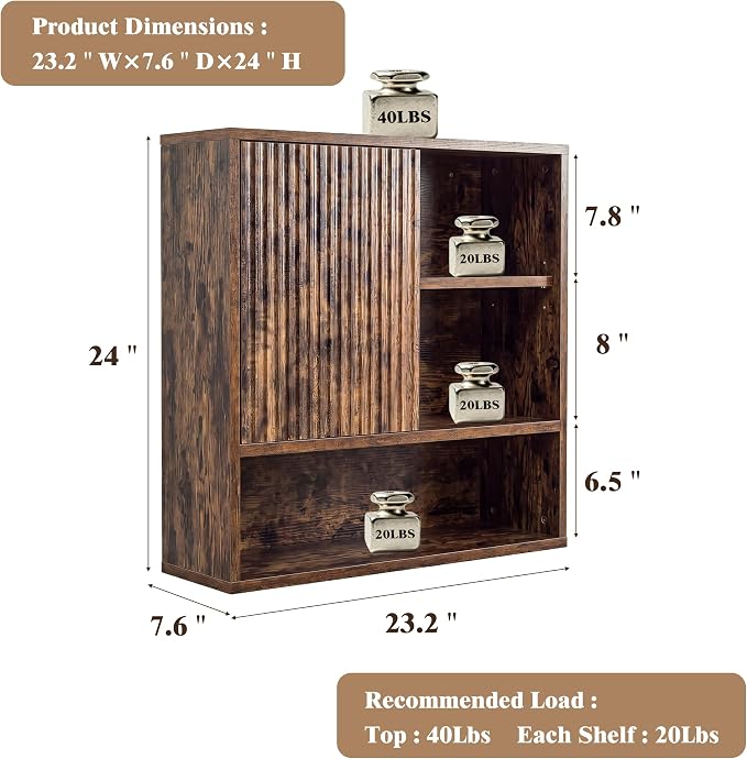Farmhouse Bathroom Wall Cabinet Wooden Fluted Medicine Cabinet Rustic Brown | FerniTry Over Toilet Storage Cabinet with Adjustable Shelf, Wood Wall Mounted Storage Cabinet Organizer