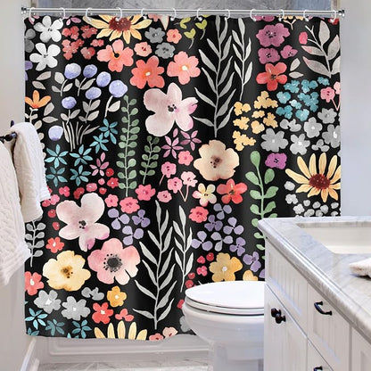 Extra Long Black Floral Watercolor Cute Plants Bathroom Shower Curtain Set | 72"W x 84"H Girly Boho; waterproof HD print, quick-dry fabric with 12 hooks for easy hanging.