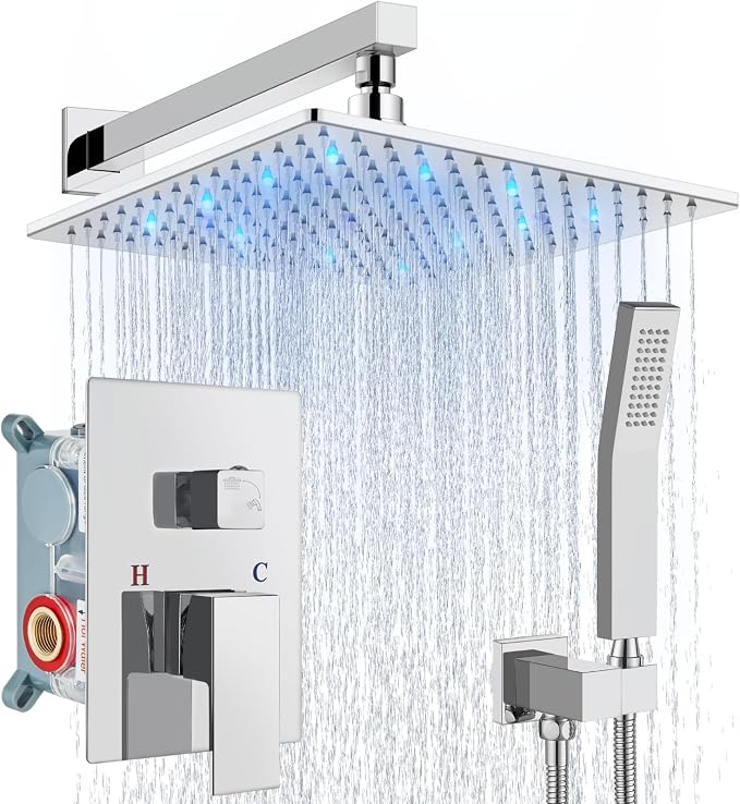 Aolemi Shower Faucet Set with Valve Handheld 12" LED Head Polish Chrome | Handheld Spray,12 Inch Rain LED Head,Valve and Trim Kit,All Metal,Wall Mount Shower System,Bathroom Mixer