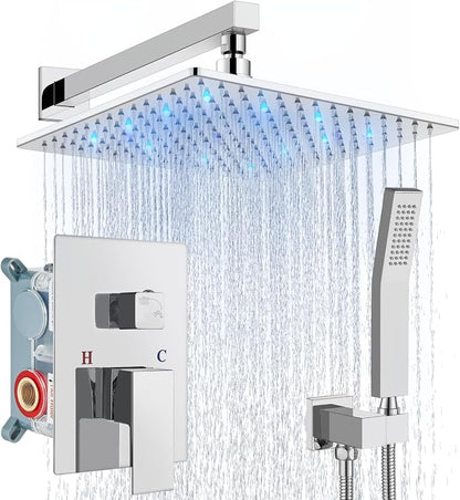 Aolemi Shower Faucet Set with Valve Handheld 12" LED Head Polish Chrome | Handheld Spray,12 Inch Rain LED Head,Valve and Trim Kit,All Metal,Wall Mount Shower System,Bathroom Mixer