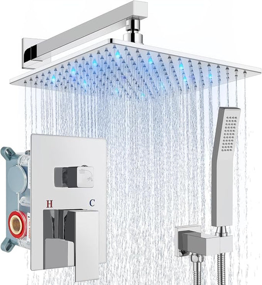 Aolemi Shower Faucet Set with Valve Handheld 12" LED Head Polish Chrome | Handheld Spray,12 Inch Rain LED Head,Valve and Trim Kit,All Metal,Wall Mount Shower System,Bathroom Mixer