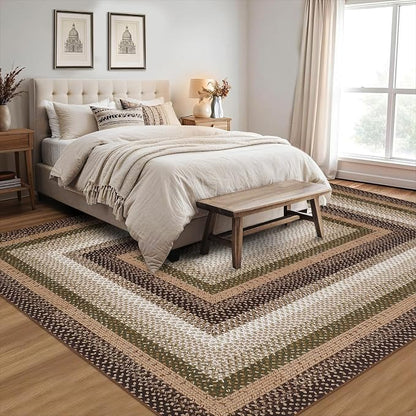 Imitation Braided Collection-Print Washable Area Rugs 8x10 Rug for Living Room Bordered Bedroom Rug Farmhouse Large Non Slip Throw Rugs Soft Low Pile Stain Resistant Carpet for Dining Room