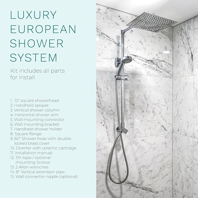 Polaris Lux Rain Shower System, includes 10” Square Rainfall Shower Head and Handheld Shower Combo, Height Adjustable Spray Holder, Retrofit, 60” Hose (2.5 GPM Chrome)