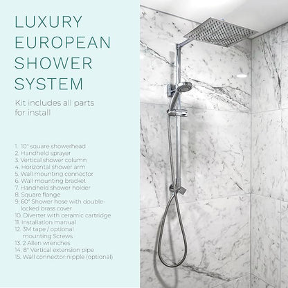 Polaris Lux Rain Shower System, includes 10” Square Rainfall Shower Head and Handheld Shower Combo, Height Adjustable Spray Holder, Retrofit, 60” Hose (2.5 GPM Chrome)
