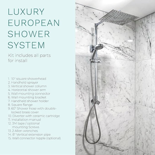 Polaris Lux Rain Shower System, includes 10” Square Rainfall Shower Head and Handheld Shower Combo, Height Adjustable Spray Holder, Retrofit, 60” Hose (2.5 GPM Chrome)