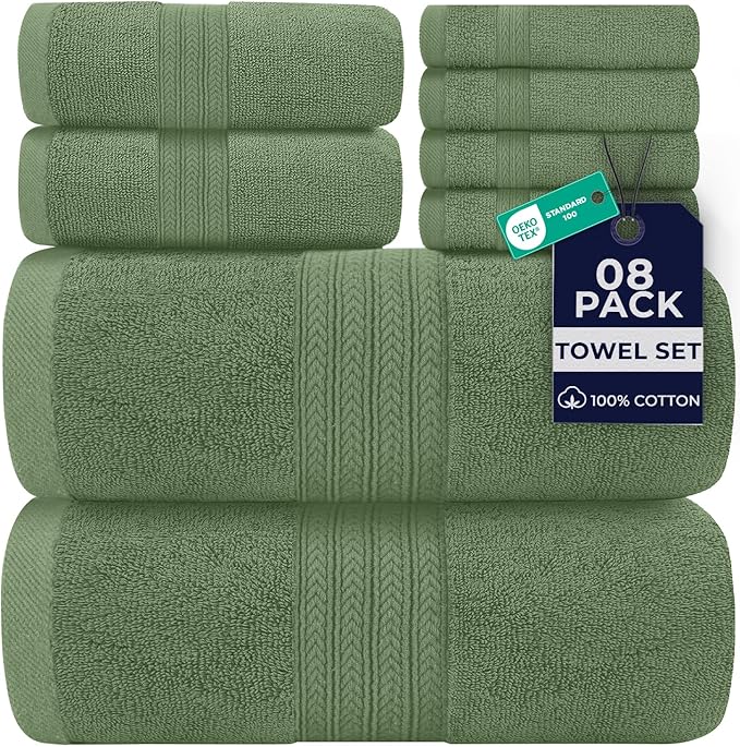 DAN RIVER 8 Piece Luxury Bath Towels for Bathroom, Towel Set, Sage Green | 2 Bath towels, 2 Hand towels, and 4 Wash Cloths, 600 GSM 100% Ring Spun Cotton, Highly Absorbent, Gym, Hotel, guest, and Spa