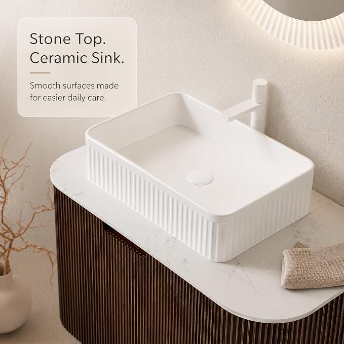 30 Inch Bathroom Vanity with Sink, Floating Wall Mounted Single Sink Vanity, Dark Walnut Curved Fluted Front, Stone Top, White Textured Rectangular Vessel Basin, Pre-Assembled