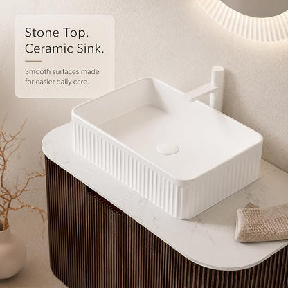 30 Inch Bathroom Vanity with Sink, Floating Wall Mounted Single Sink Vanity, Dark Walnut Curved Fluted Front, Stone Top, White Textured Rectangular Vessel Basin, Pre-Assembled
