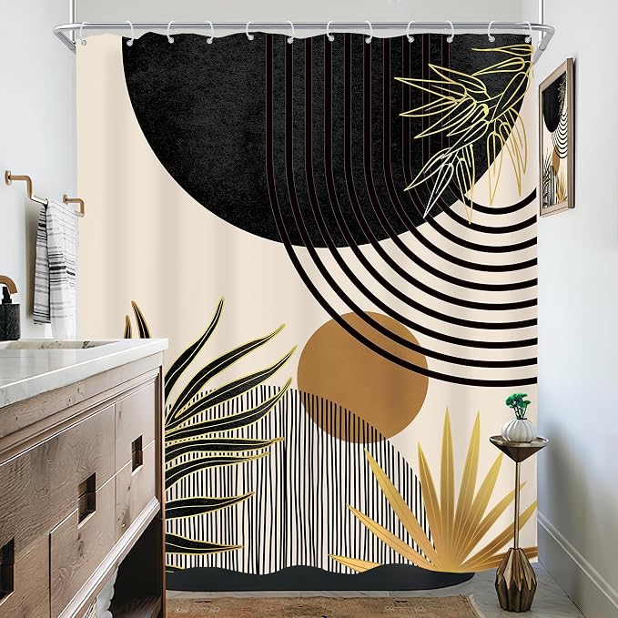 Mid Century Black Gold Boho Abstract Modern Bathroom Shower Curtain Set | 60Wx72L Green design, waterproof HD print with fast-drying fabric and 12 hooks.