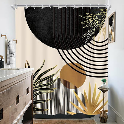 Mid Century Black Gold Boho Abstract Modern Bathroom Shower Curtain Set | 60Wx72L Green design, waterproof HD print with fast-drying fabric and 12 hooks.