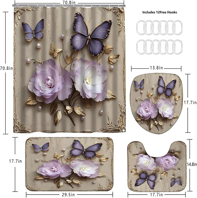 Chrainy 4pcs Vintage Butterfly Shower Cutain Set Bathroom Decor with Rugs | Bath Accessories with Waterproof Curtain, Bath Mat, Toilet Lid Cover, U-Shaped Rug and 12 Hooks for Washroom, 71*71in