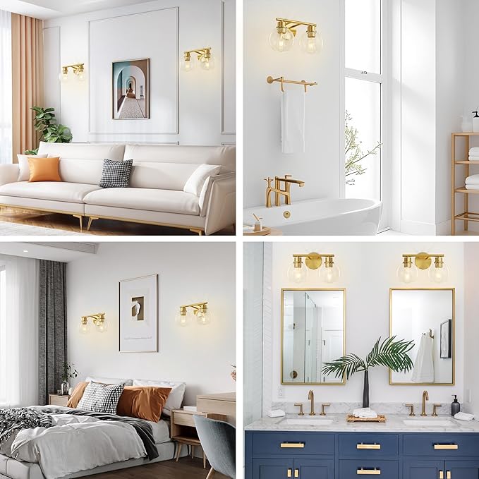 Bathroom Light Fixtures Over Mirror 2-Lights Bathroom Vanity Light with Clear Glass Shade 13.8 inch Gold Wall Sconce Brushed Brass Vanity Lighting Bathroom Light for Bath
