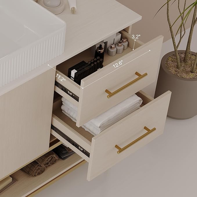 47.2 inch Modern Bathroom Vanity with Ceramic Vessel Sink, Gold Accent Freestanding Bathroom Cabinet with Wood Countertop, Soft Closing Cabinet, 2 Sliding Drawers & Open Storage Shelf, White Oak