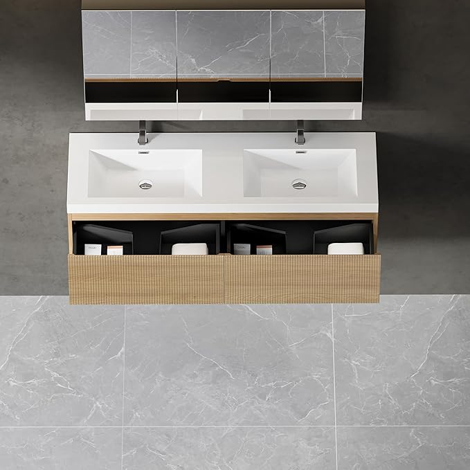 VUMALL60'' Modern Floating Bathroom Vanity Sink Combo, Wall-Mounted Striped Cabinet, Soft-Close Drawer, Glossy White Basin, Compact Elegant Storage-Natural Oak