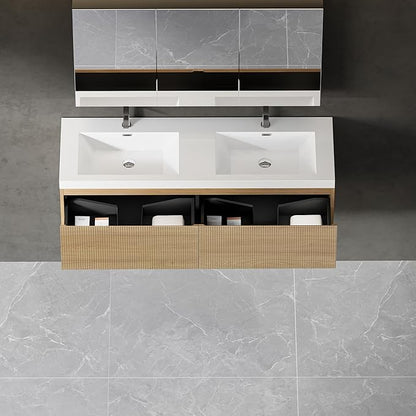 VUMALL60'' Modern Floating Bathroom Vanity Sink Combo, Wall-Mounted Striped Cabinet, Soft-Close Drawer, Glossy White Basin, Compact Elegant Storage-Natural Oak