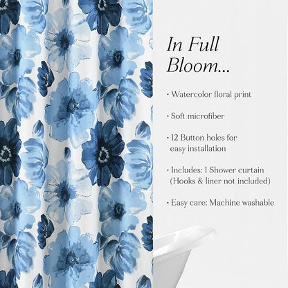 Lush Decor Leah Floral Shower Curtain, 72" W x 72" L, Navy & White - Fabric Shower Curtains - Watercolor Botanical Bathroom Curtain - Farmhouse & French Country Decor
