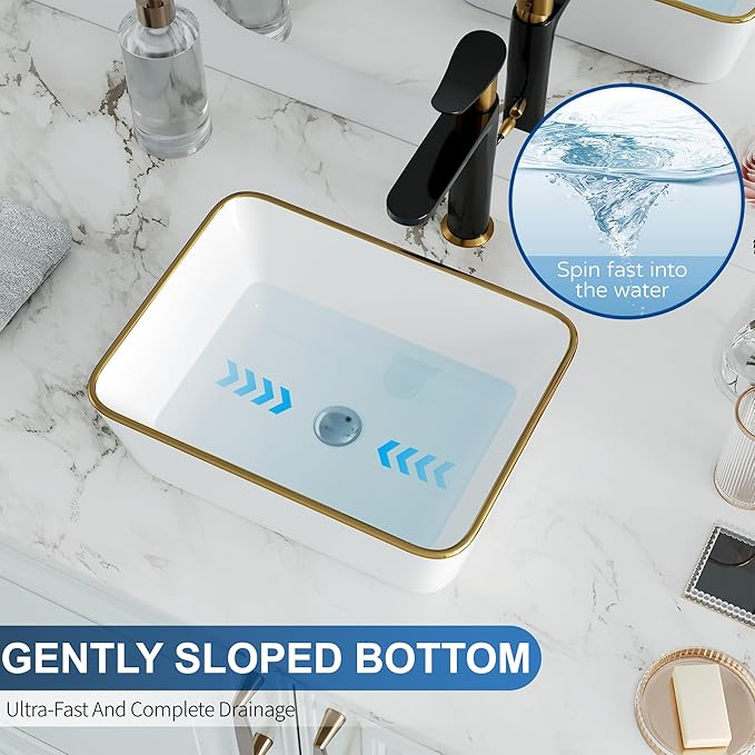 Bathroom Vessel Sink Rectangle, Hugsleek 16 x 12 inch White Porcelain Ceramic Vessel Sink with Gold Rim Above Counter Rectangular Bath Sink Bowl Basin Lavatory Vanity Sinks Restroom Countertop