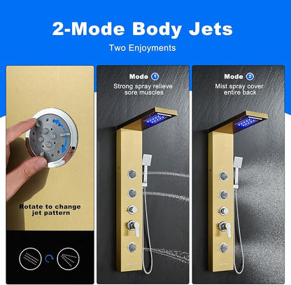 5-in-1 Shower Panel Tower System with LED Lights, 2-in-1 Body Massage, Rainfall, Waterfall,Handheld and Tub Spout, Stainless Steel Shower Column - Gold