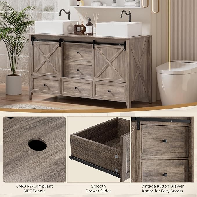 VNN Bathroom Vanity with Sink - 60 Inch Bathroom Vanity Double Sink Ceramic, Freestanding Cabinet with 2 Farmhouse Sliding Barn Doors and 5 Drawers, Space-Saving Storage Cabinet, Grey Wood Grain