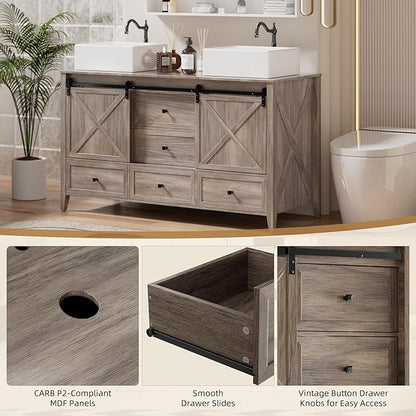 VNN Bathroom Vanity with Sink - 60 Inch Bathroom Vanity Double Sink Ceramic, Freestanding Cabinet with 2 Farmhouse Sliding Barn Doors and 5 Drawers, Space-Saving Storage Cabinet, Grey Wood Grain