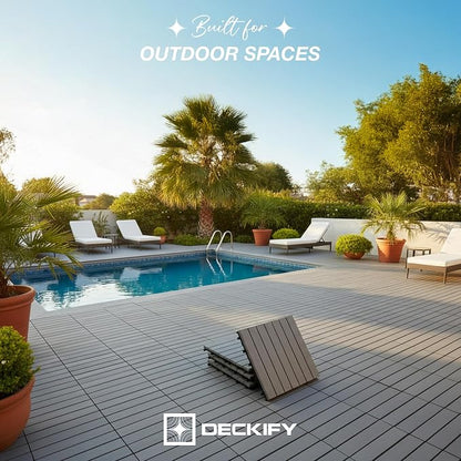 9-Piece Acacia Wood Interlocking Deck Tiles 12x12 in, Gray Striped | 6-Slat Wide Contact, Non-Slip Grip, 490 lb Capacity, Protective Oil-Rubbed Finish, Flat-Surface Install, Patio Ready