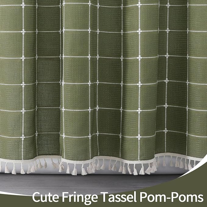 Extra Long Boho Farmhouse Shower Curtain for Bathroom 72x84 | Extra Long French Country Plaid Tassel Shower Curtain, Rustic Aesthetic Bathroom Decor Windows Curtain, Green