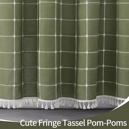 Small Stall Boho Farmhouse Shower Curtain for Bathroom 36x72 | Narrow Half French Country Plaid Tassel Shower Curtain, Rustic Aesthetic Bathroom Decor Windows Curtain, Green